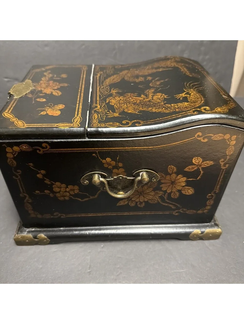 Pier 1 2011 Chinese Jewelry Chest Box Mirror Drawers Black Lacquer Dragons “key”